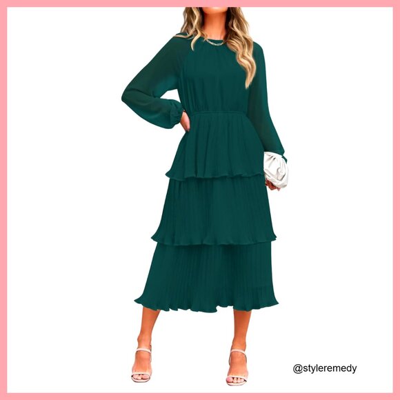 Long Sleeve Crew Neck Chiffon Swing Midi Dress Ruffle Tiered Layered -  www.eharrisgallery.com